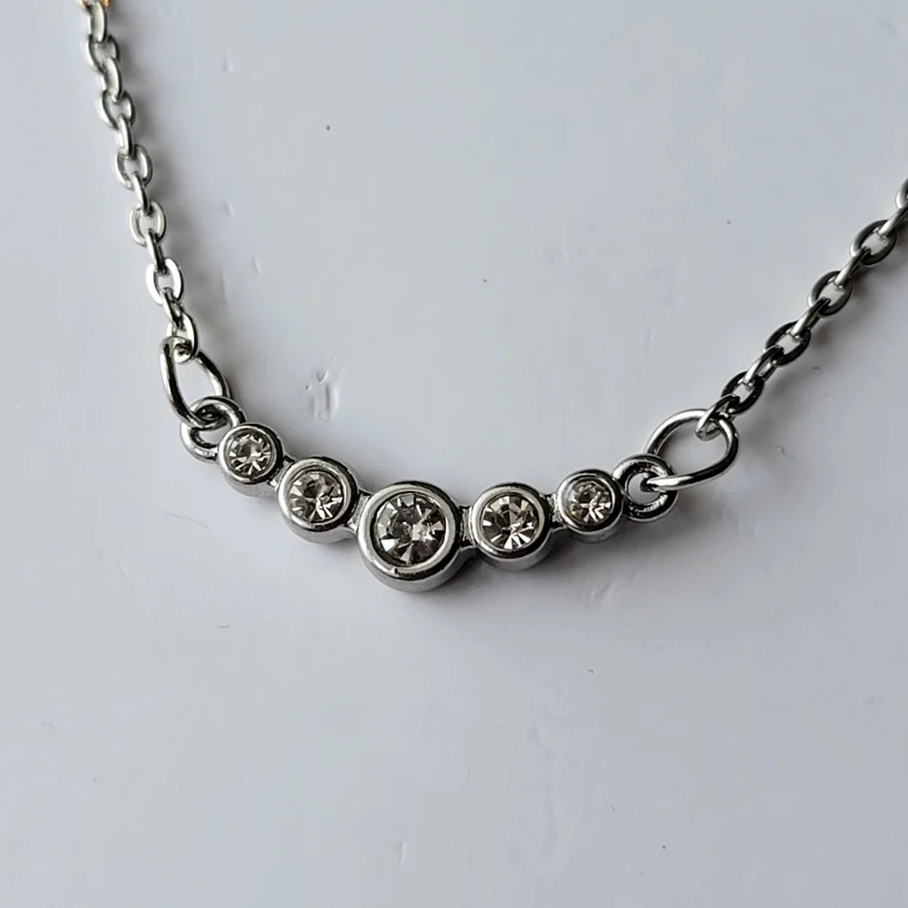 Faux Diamond Necklace Silver Tone Faceted Crystal